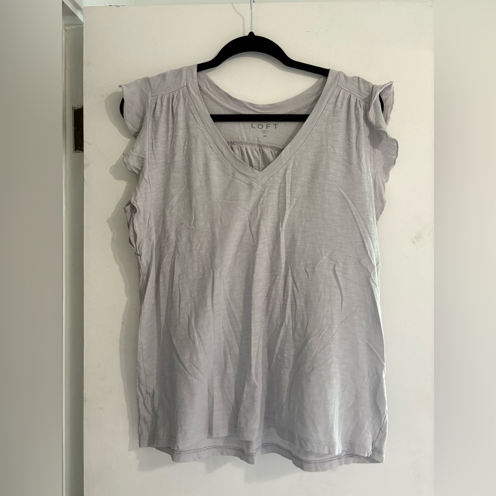 LOFT Light Gray Ruffle Sleeve V-Neck Blouse